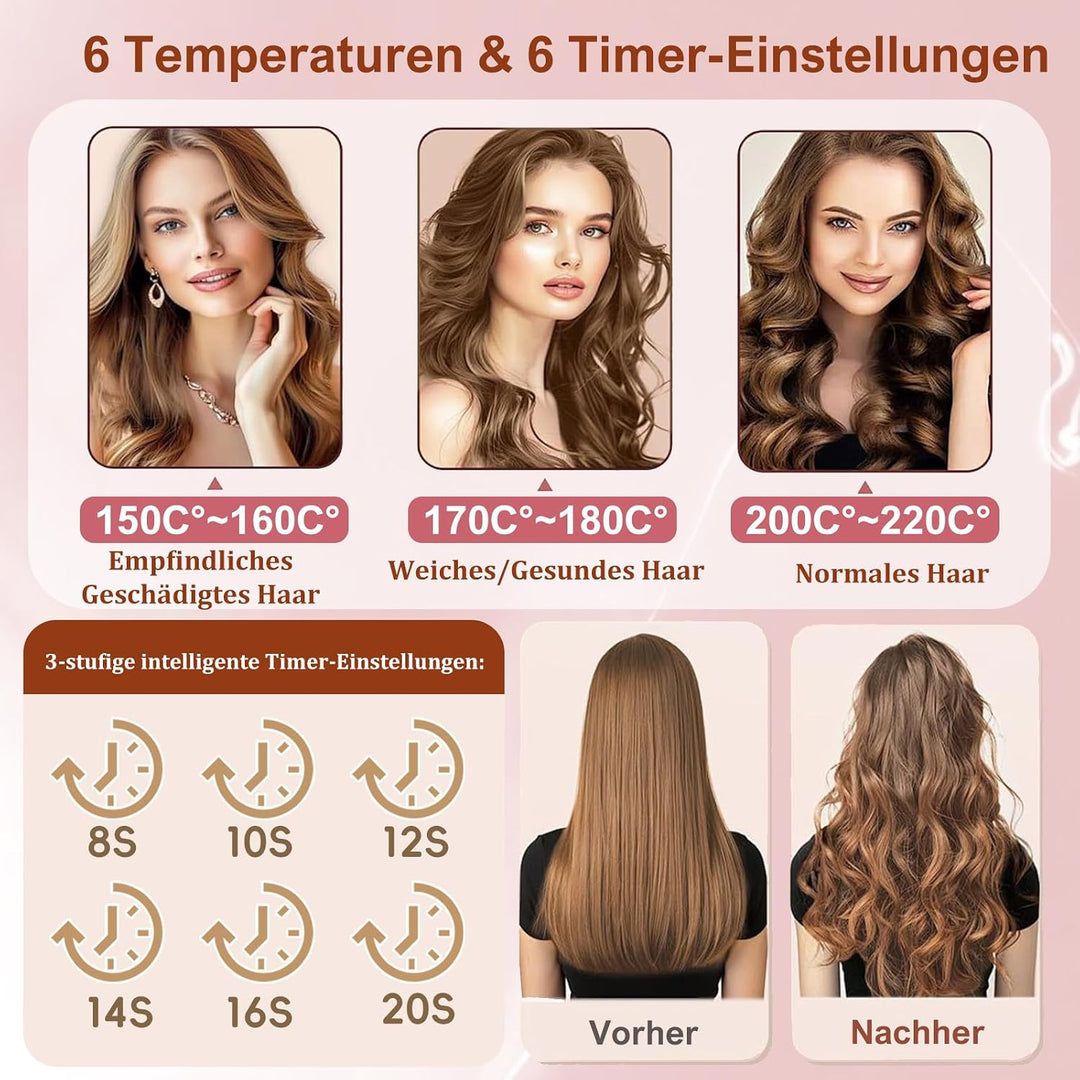 Lockenstab Automatisch Rotierend, Kabelloser Lockenstab Automatisch Keramik, 6 Temperaturstufen, Auf