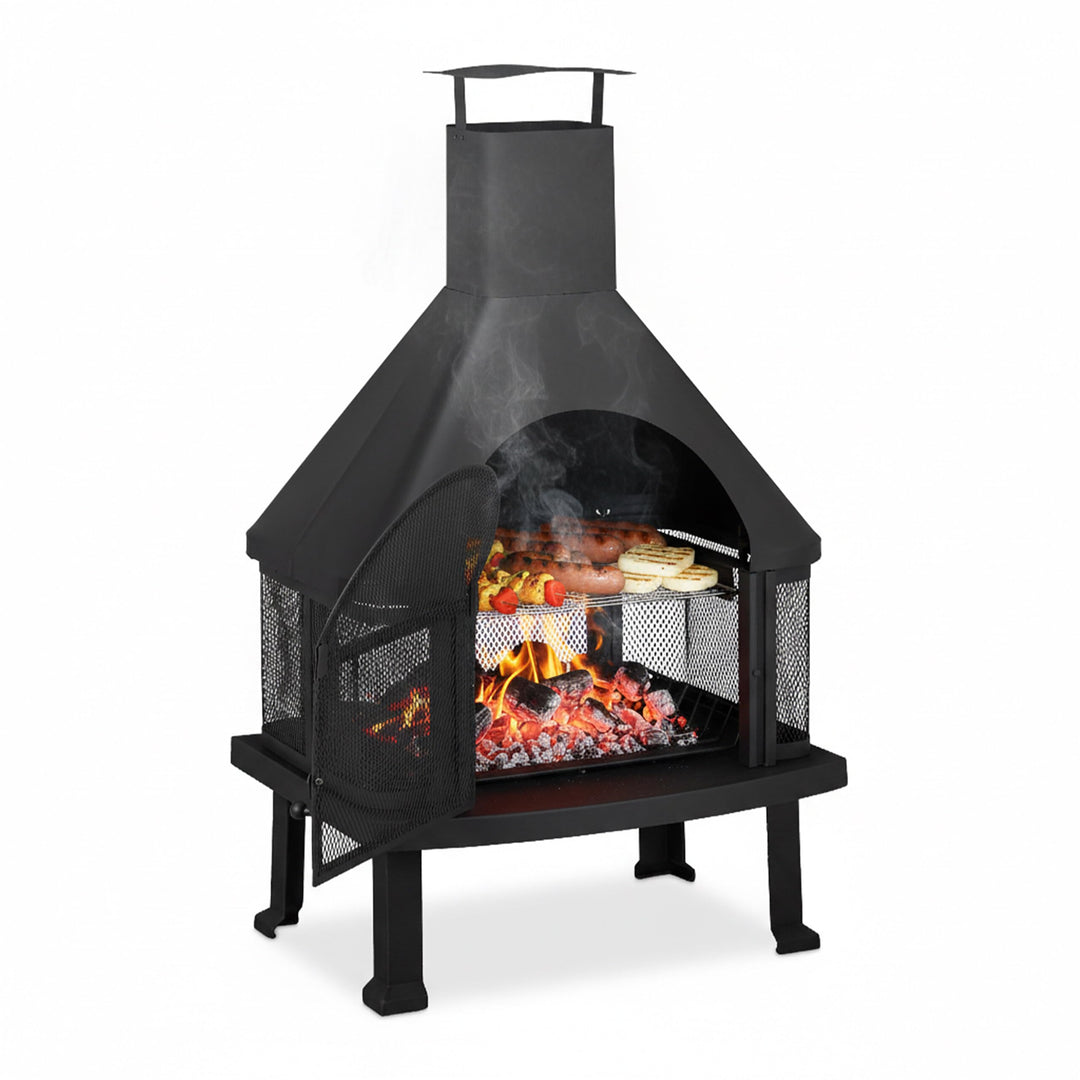Relaxdays, schwarz Terrassenofen mit Grill, Feuerstelle mit Funkenschutz, Schürhaken, massiv, Stahl,