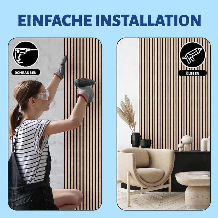 AKK-STAR Akustikpaneele Holz - 14,4 m² (10 Stück 240x60cm) | Schalldämmung, Akustikverbesserung für