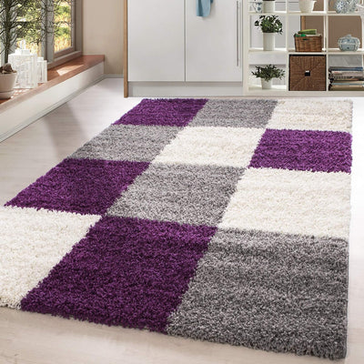 HomebyHome Teppich Wohnzimmer Shaggy Hochflor Lila Rechteckig 160x230 cm Kariert Design - Flauschige