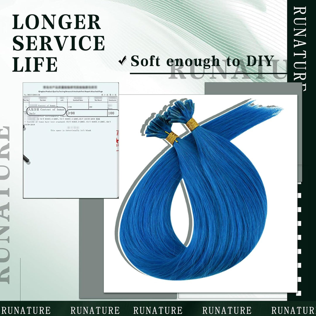 RUNATURE Extensions Echthaar Bondings Blau 50cm Keratin Unsichtbar Menschliches Haar 25 Strähne Haar
