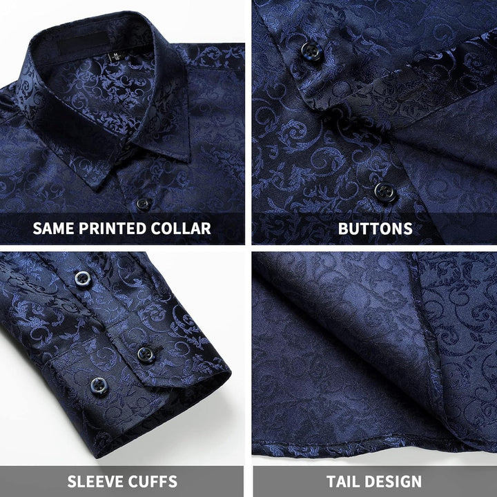 HISDERN Herren Paisley Hemd Langarm Satin Blumen Muster Hemd für Männer Jacquard Stickerei Freizeith