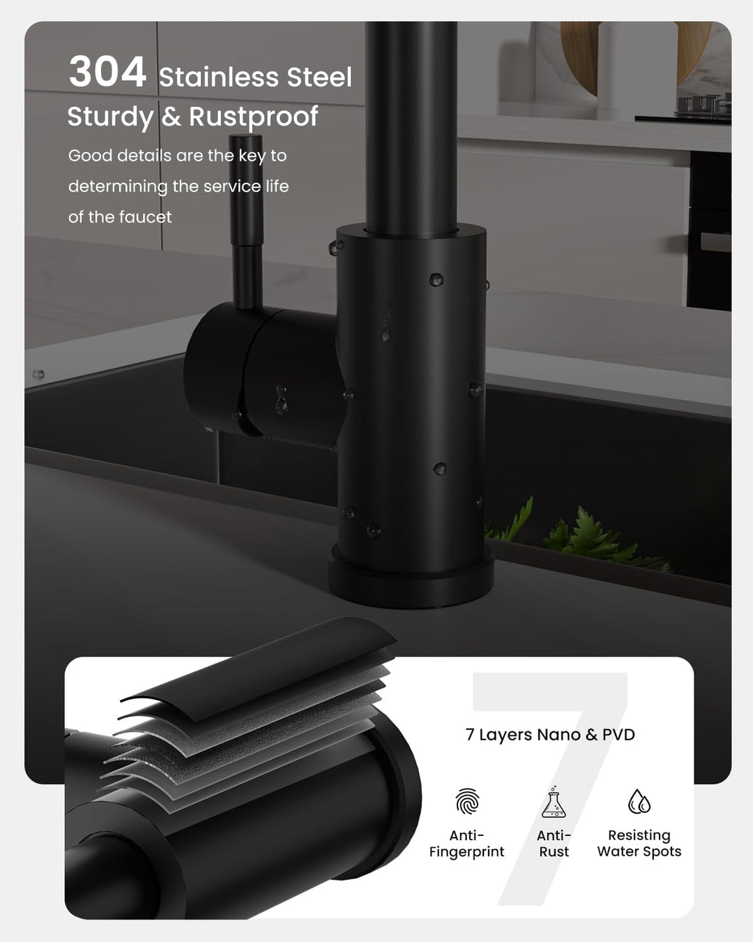 APPASO Wasserhahn Küche Schwarz Wasserfall, Hochdruck Küchenarmatur Schwarz, Küchenarmatur Ausziehba