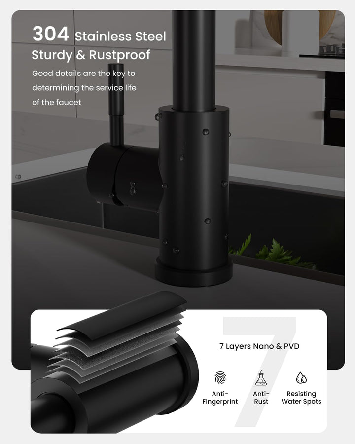 APPASO Wasserhahn Küche Schwarz Wasserfall, Hochdruck Küchenarmatur Schwarz, Küchenarmatur Ausziehba
