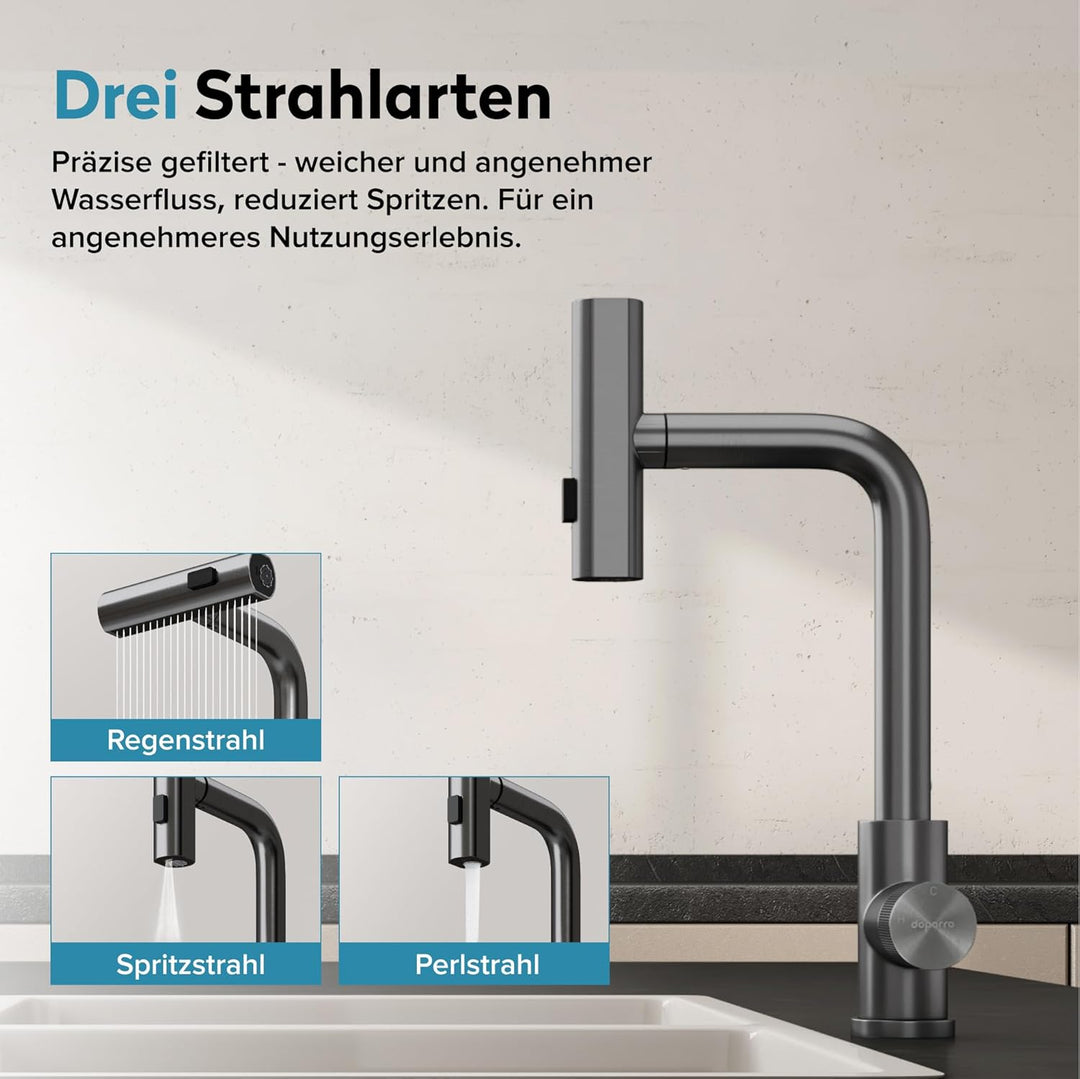doporro Wasserhahn Küche ausziehbar, Hochdruck Küchenarmatur mit Wasserfall, 3 Strahlarten und Braus