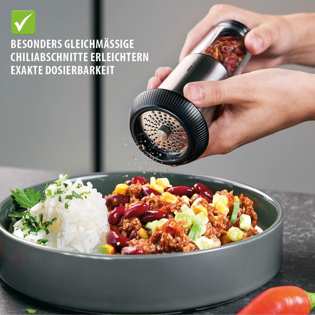 GEFU Chilischneider X-PLOSION - Chili Mühle & Gewürzschneider für Chilis und andere Gewürze - Schwar