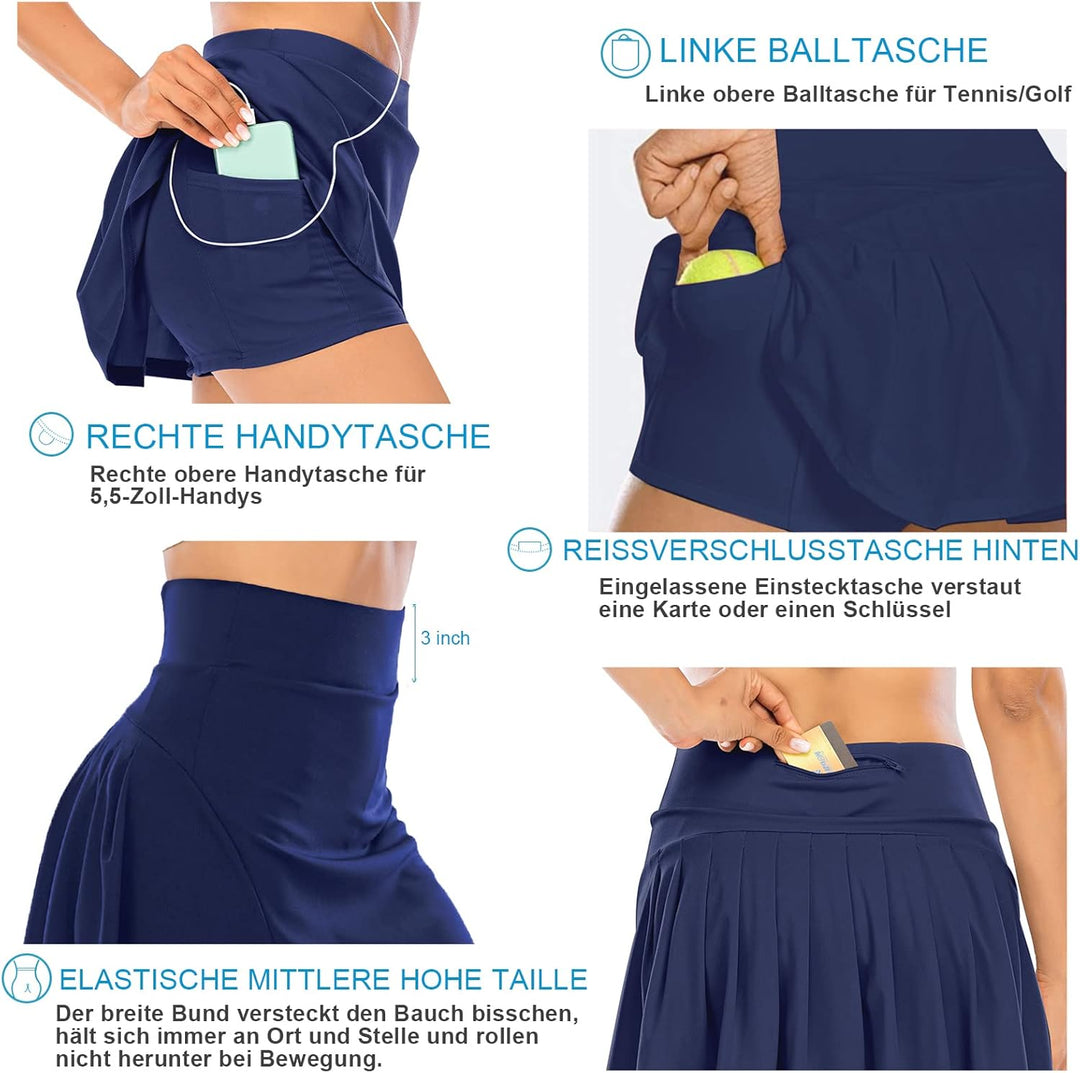 Damen Plissierter Tennisrock mit Hose Faltenrock Kurz Hosenrock Tennis Golf Sport Workout Running Ro