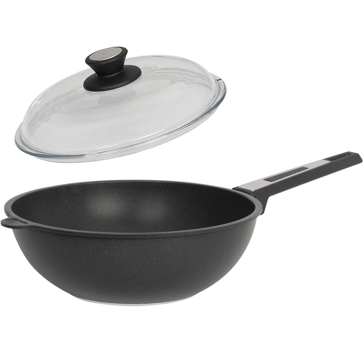 SKK grosser 2-tlg. Wok Ø 28 cm mit Griff - ohne Induktion - Aluguss Antihaft Stielwok mit glattem Bo