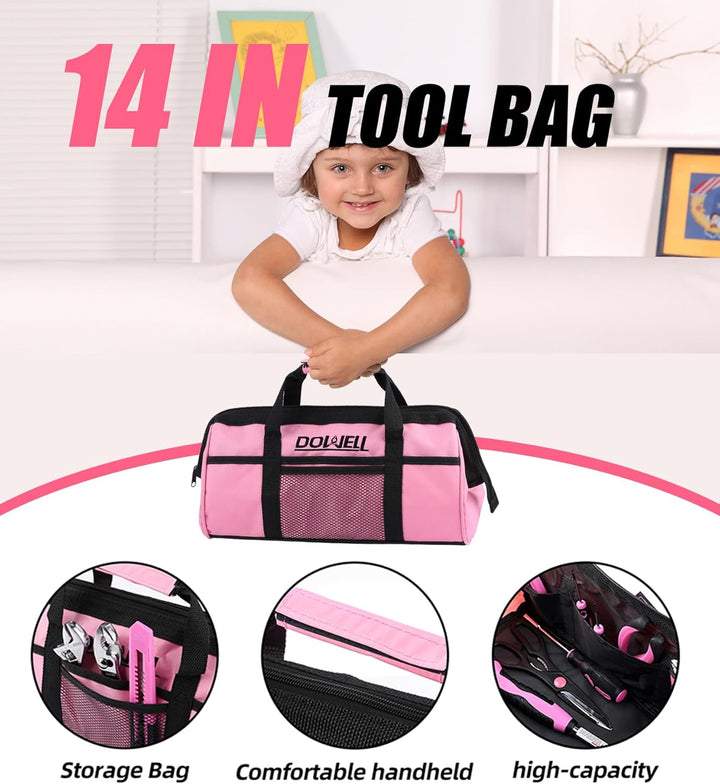 DOWELL 14 Stück Werkzeuge Set Pink, Werkzeugsatz mit Aufbewahrungstasche für Heimdekoration, DIY Geb