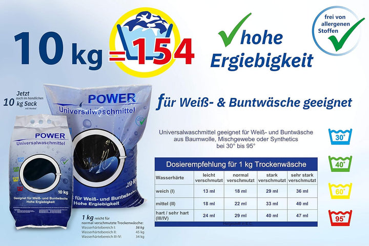 Power Universal Waschmittel 20 kg │Waschpulver für Weiss- und Buntwäsche │ Vollwaschmittel in der Gr