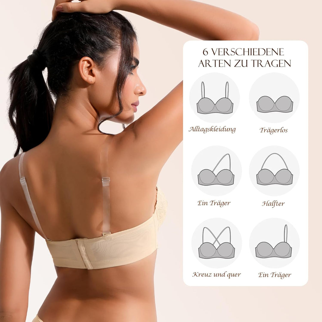 YANDW Trägerloser Stark Gepolsterter Push Up Spitzen BH mit Multiway Transparenten Trägern Trägerlos