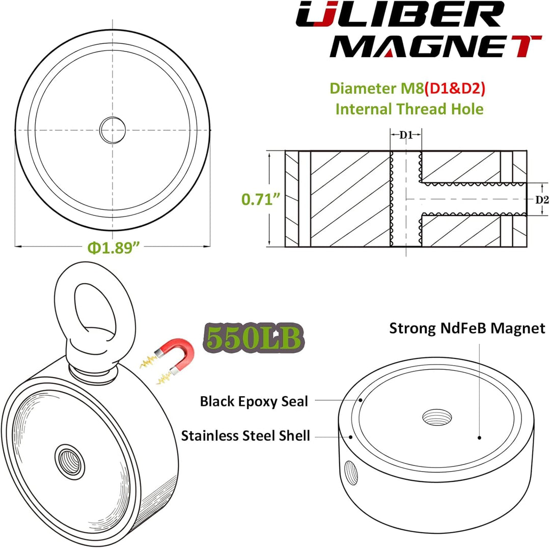 ULIBERMAGNET Super starke doppelseitige Angelmagnete, kombiniert 240KG, Starter Starter-Set mit Neod
