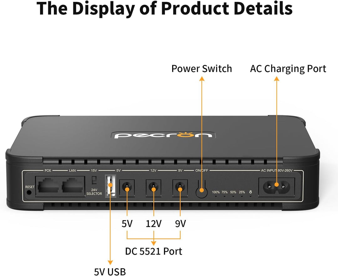 Pecron D77 DC UPS Battery Backup, 76.96Wh Small UPS for WiFi Router/Modem/Security Camera/Phone, Uni