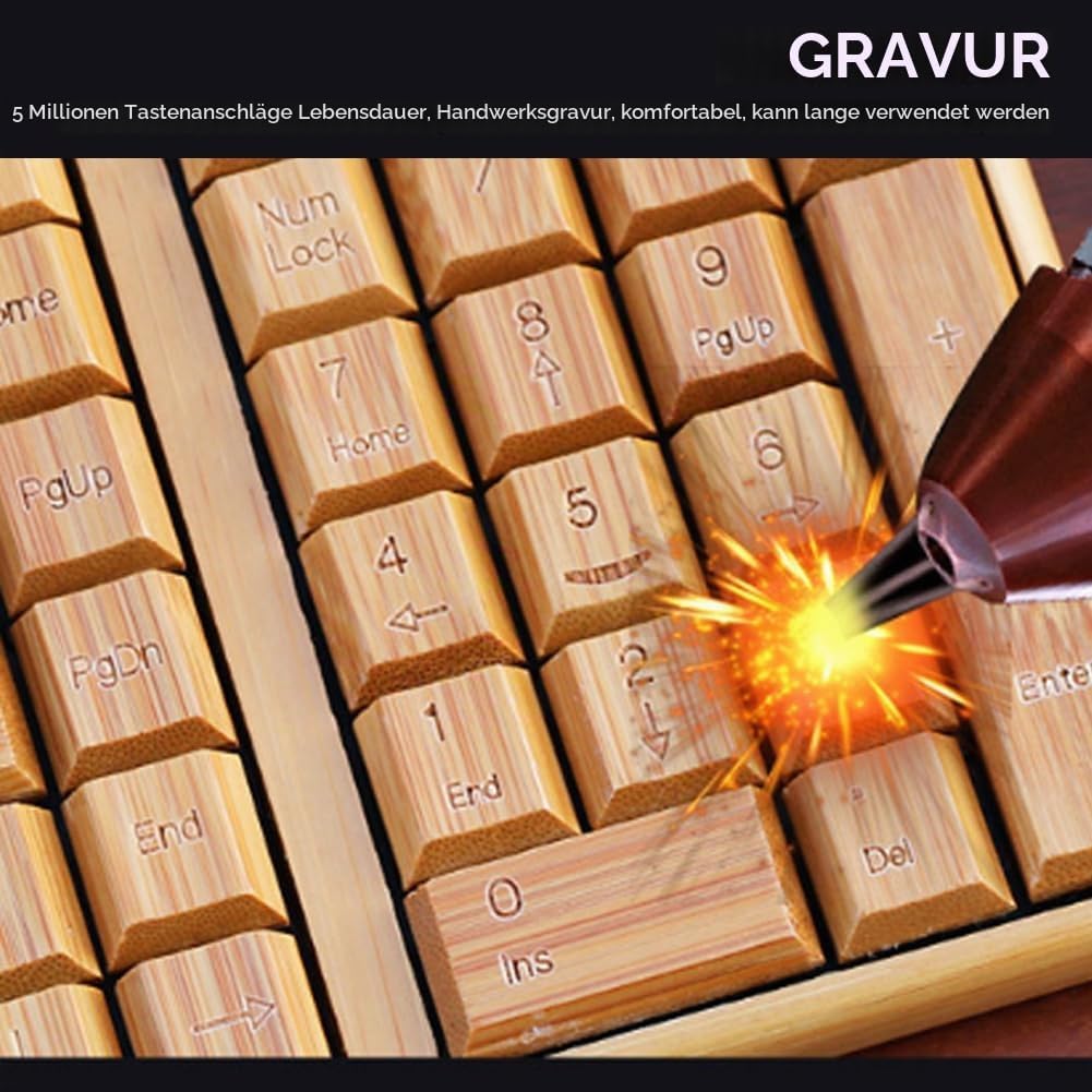 Kabellose Maus-Tastatur aus Bambus, Computer-Steuergeräte aus Holz mit 2,4-GHz-Wireless-Verbindung,