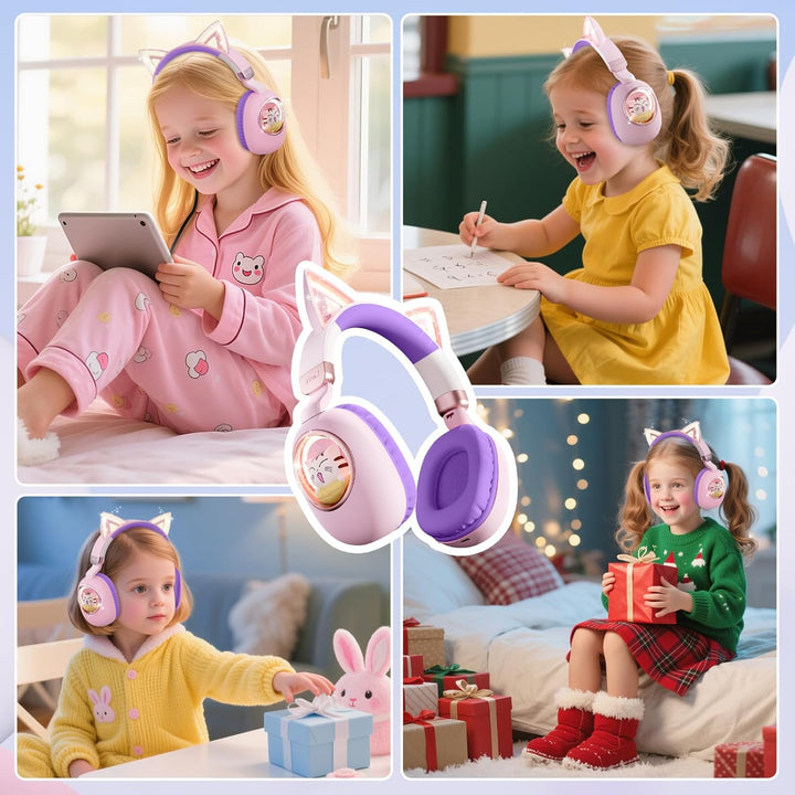 Kinder Kopfhörer mit Katzenohren, Bluetooth 5.4 Over-Ear Noise Cancelling Kopfhörer mit Mikrofon, LE