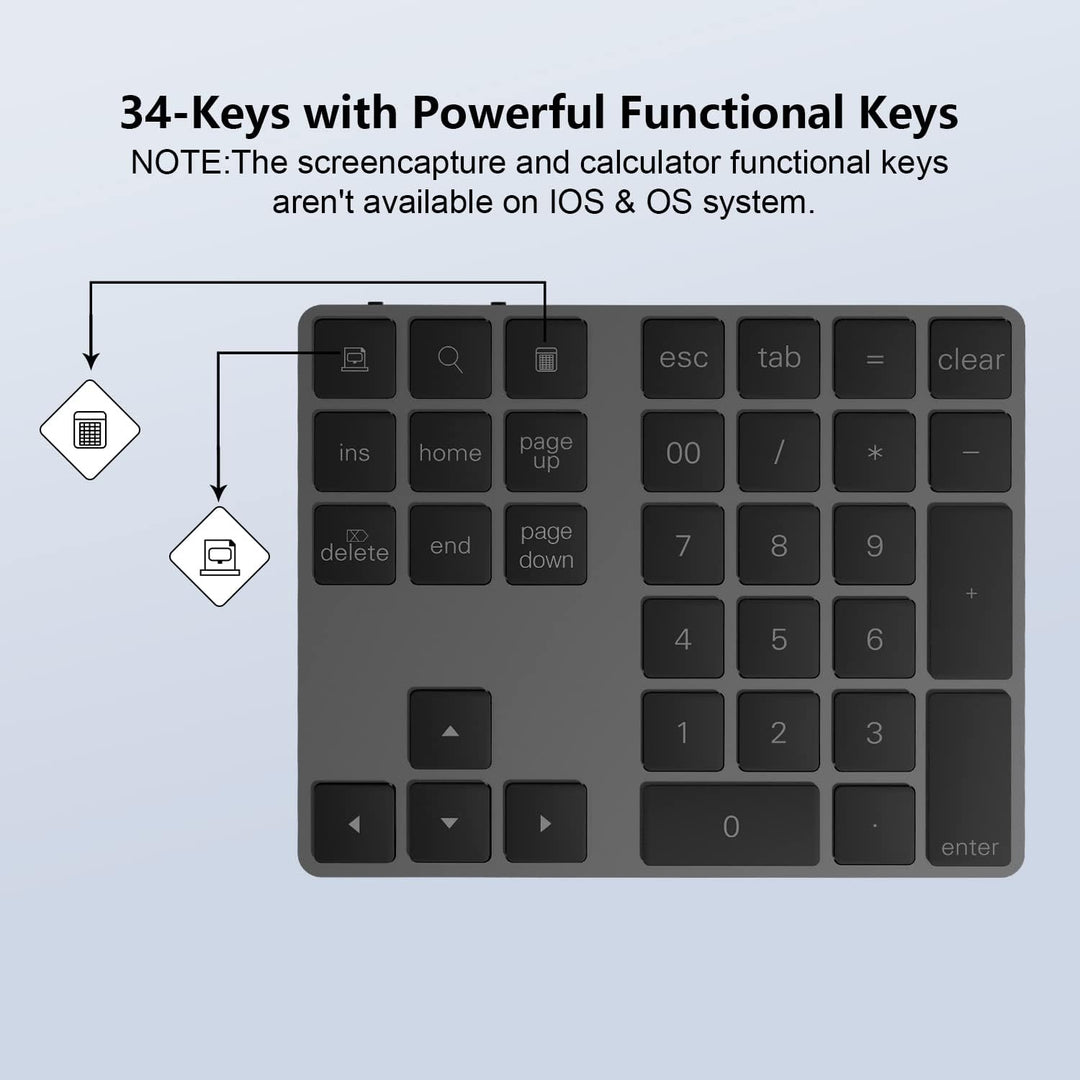 Bluetooth Ziffernblock, Bluetooth Nummerntastatur 34-Tasten, Wireless NumPad kabellose Nummer Tastat