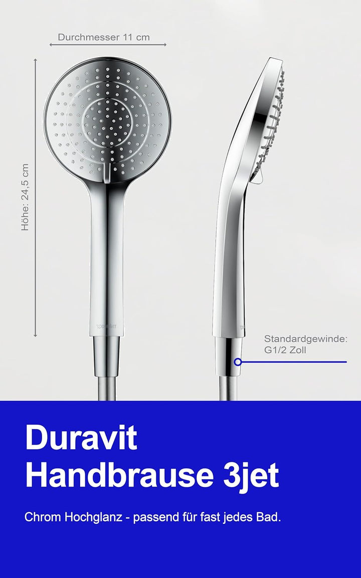Duravit Universal Duschkopf, Duschbrause mit 3 Strahlarten (Rain, Intense Rain, Soft Rain), Handbrau