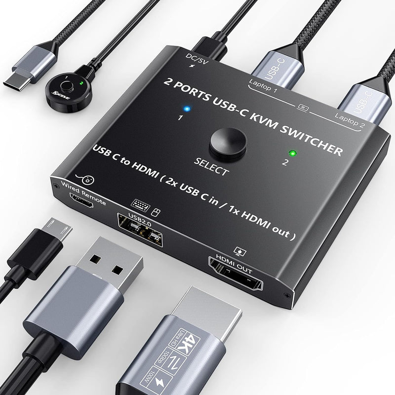 USB C KVM Switch 4K@60 Hz, USB C Switch für 2 Laptops 1 HDMI Monitor und USB Geräte, kompatibel mit