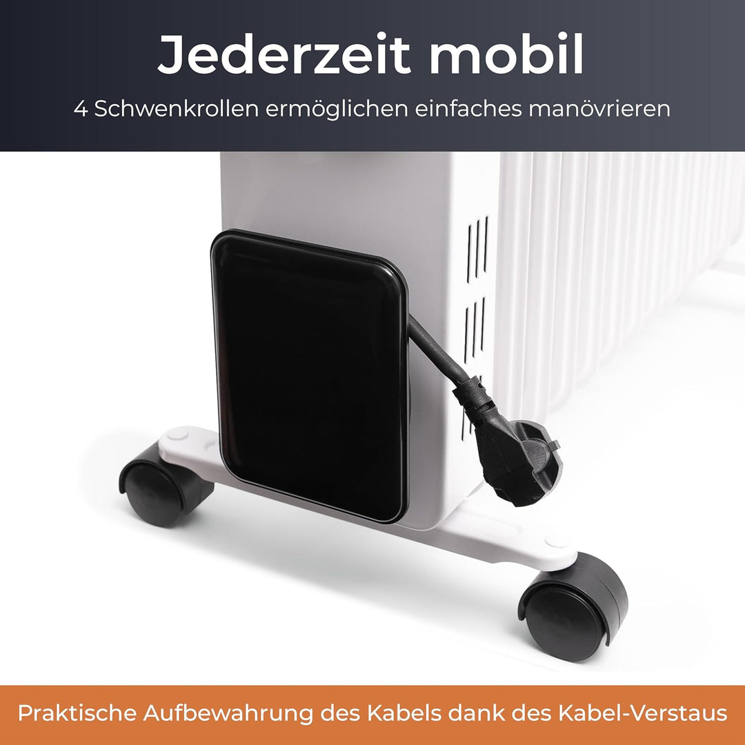 KLAMER Ölradiator 2500 W, Elektroheizung energiesparend, 13 Rippen, 3 Heizstufen mit Eco-Modus, 24h