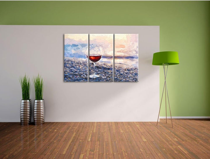Pixxprint Weinglas am Steinstrand Pinsel Effekt 3-Teiler Leinwandbild 120x80 Bild auf Leinwand