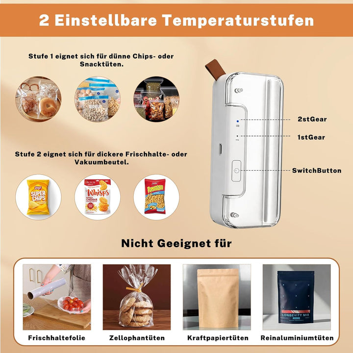 Mini Folienschweissgerät, 2 in 1 Bag Sealer mit Cutter, 2-Stufen Siegelung, Wiederaufladbar, Auto-Of
