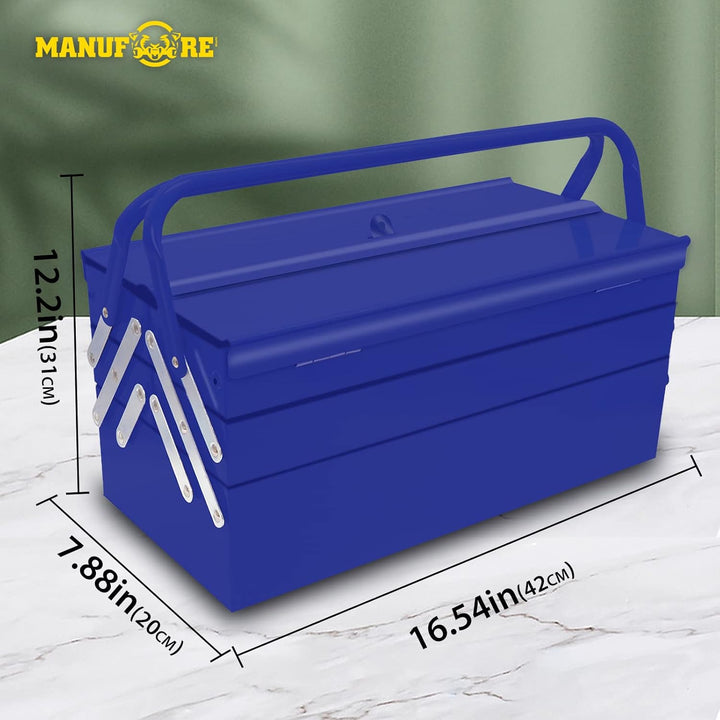 MANUFORE Werkzeugkoffer Leer aus Metall 42x 20 x21cm, 3-Etagen Metall-Werkzeugkasten mit 5 Fächern，B