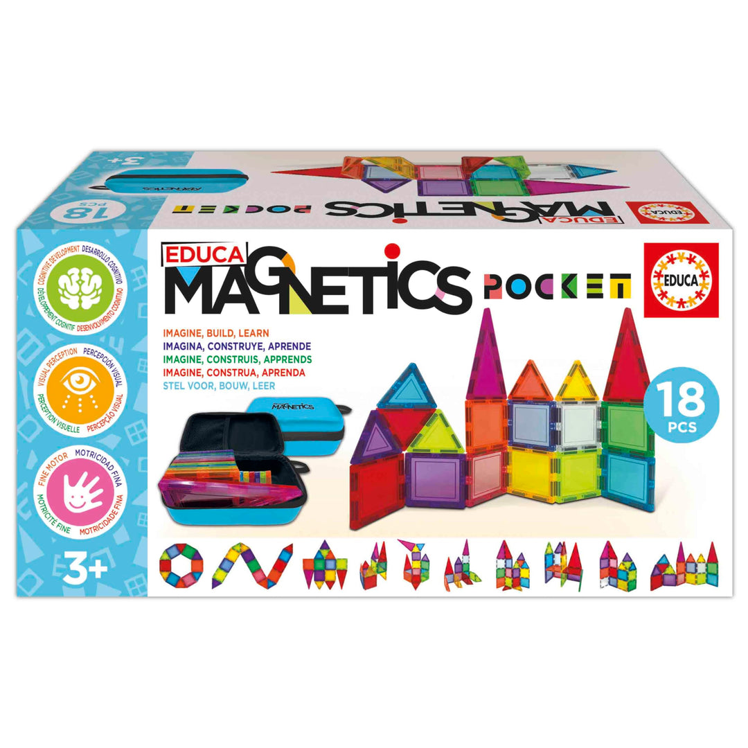 Educa - Magnetics Reisekoffer | Magnetbausteine Kinder 18 Teile im Koffer | Mit 2 Tieren &amp; 8 Karten