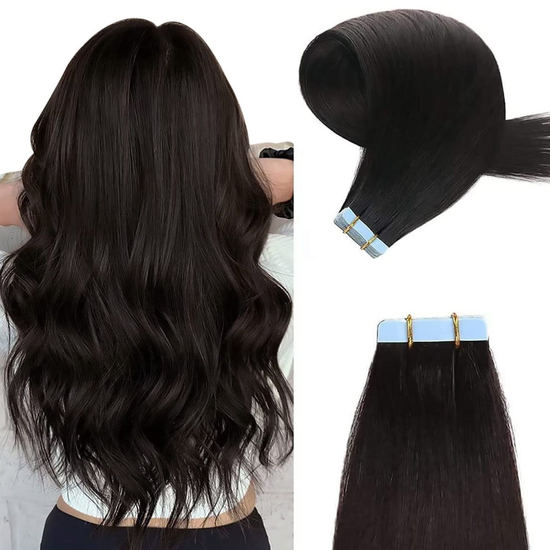 YILITE Tape Extensions Echthaar, Natürliches Schwarz 55cm 20 Stück 50g Tape in Extensions Echthaar I