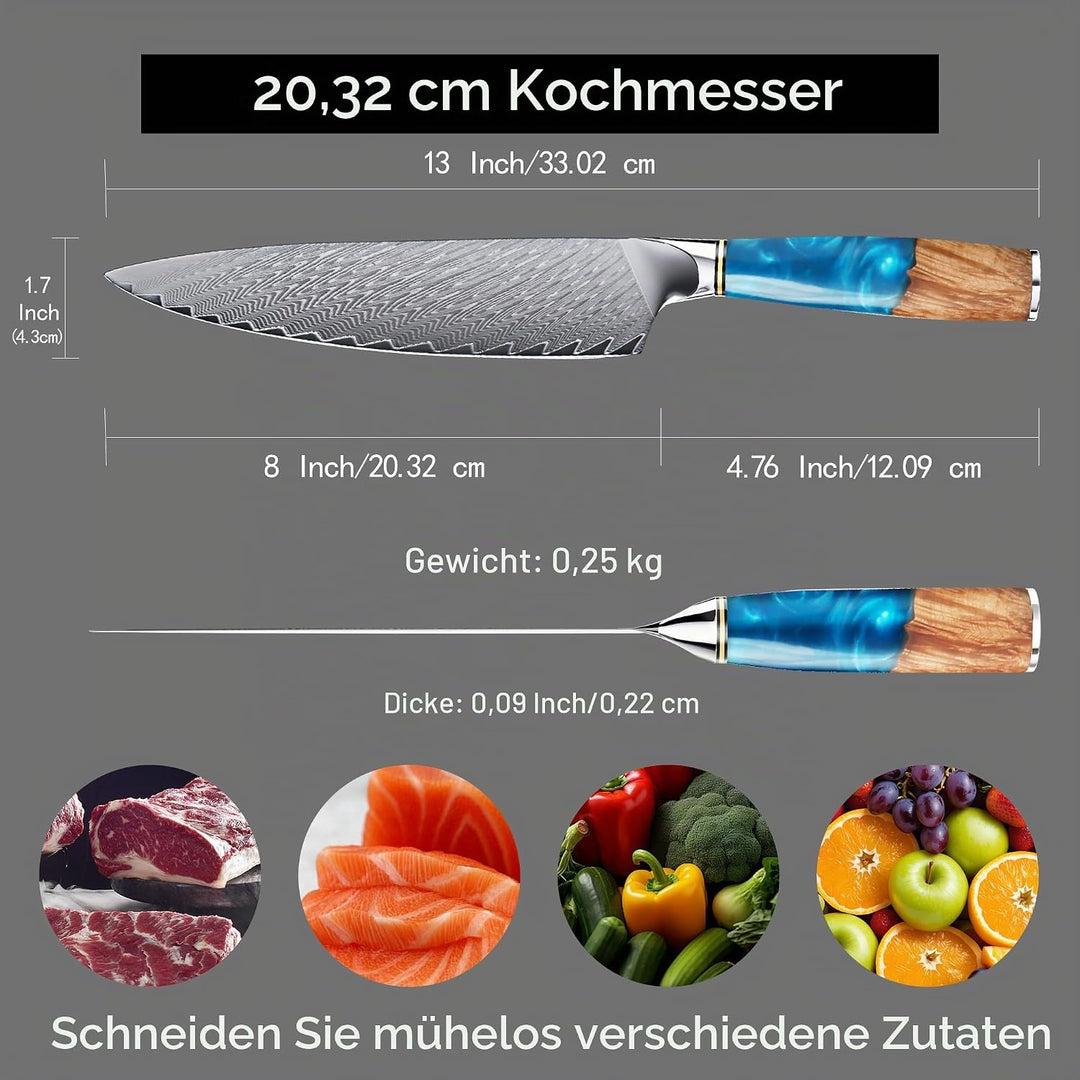Küchenmesser, Japanisches Damastmesser 67-Lagig VG10 Hochkohlestahl, Ergonomischer Holz-Griff, Gesch