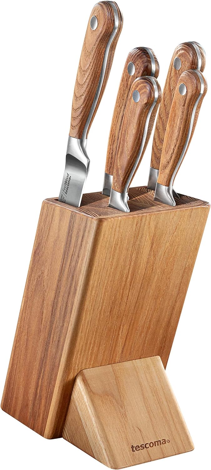 Tescoma Feelwood Premium Messerblock-Set I 5 Spitzen-Kochmesser aus rostfreiem Stahl im edlen Holzbl