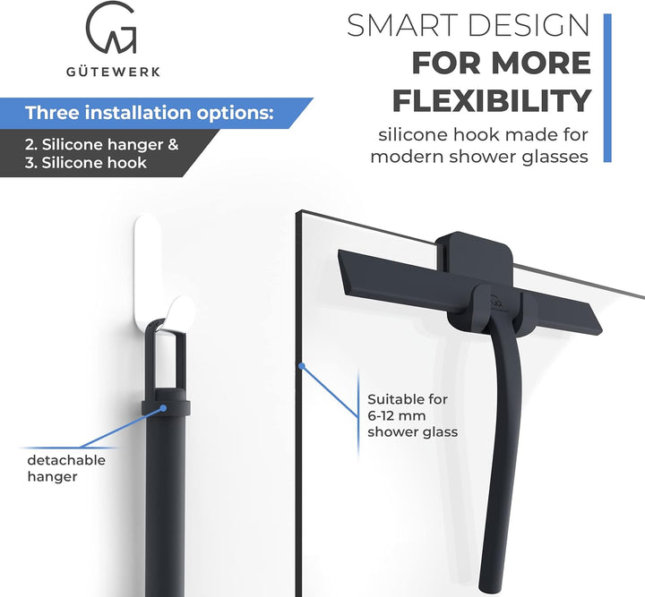 GÜTEWERK Duschabzieher Set mit Halter - schwarz 23 cm breit - ohne Bohren Silikon Abzieher Dusche Ba