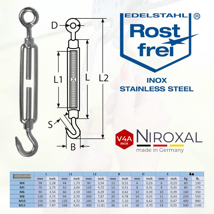 Edelstahl Spannschloss Haken-Öse – 6 mm – 50 Stück – V4A (A4) – Seilspanner/Drahtspanner rostfrei M