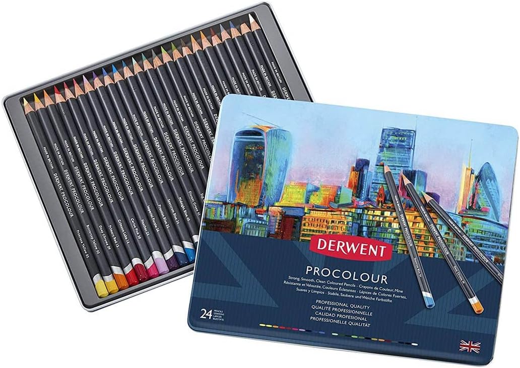 Derwent Procolour Buntstifte, Set mit 24 Stück in Metalldose, 4mm Runder Kern in Premium-Stärke, Gla