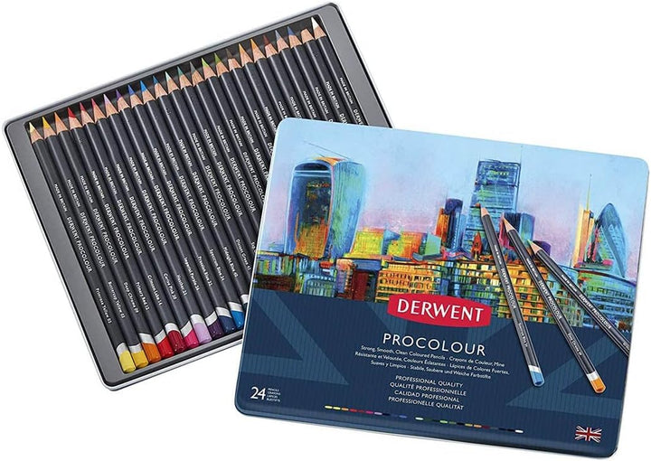 Derwent Procolour Buntstifte, Set mit 24 Stück in Metalldose, 4mm Runder Kern in Premium-Stärke, Gla