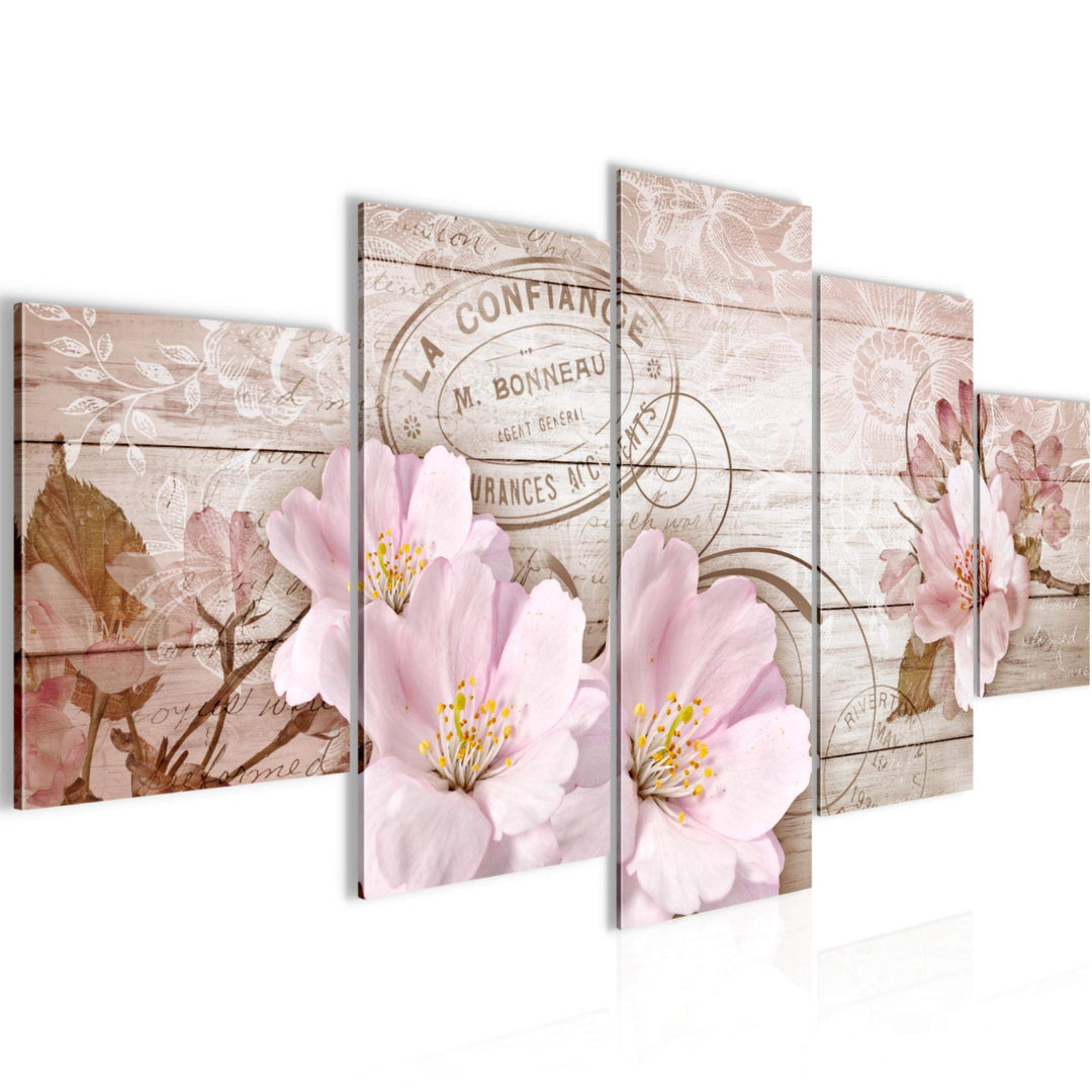 Runa Art Wandbilder Vintage Blumen 5 Teilig Bild auf Vlies Leinwand Deko Wohnzimmer Holzoptik Beige