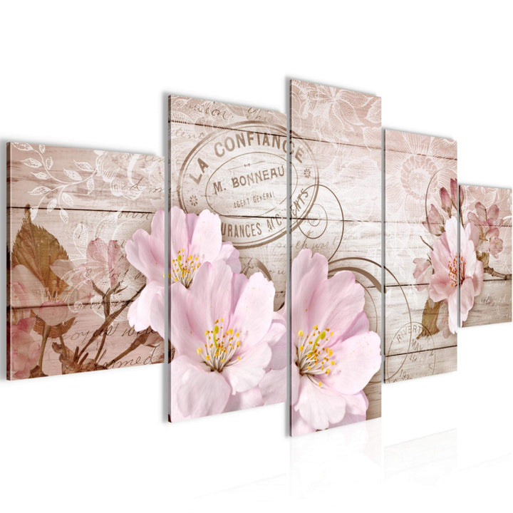 Runa Art Wandbilder Vintage Blumen 5 Teilig Bild auf Vlies Leinwand Deko Wohnzimmer Holzoptik Beige