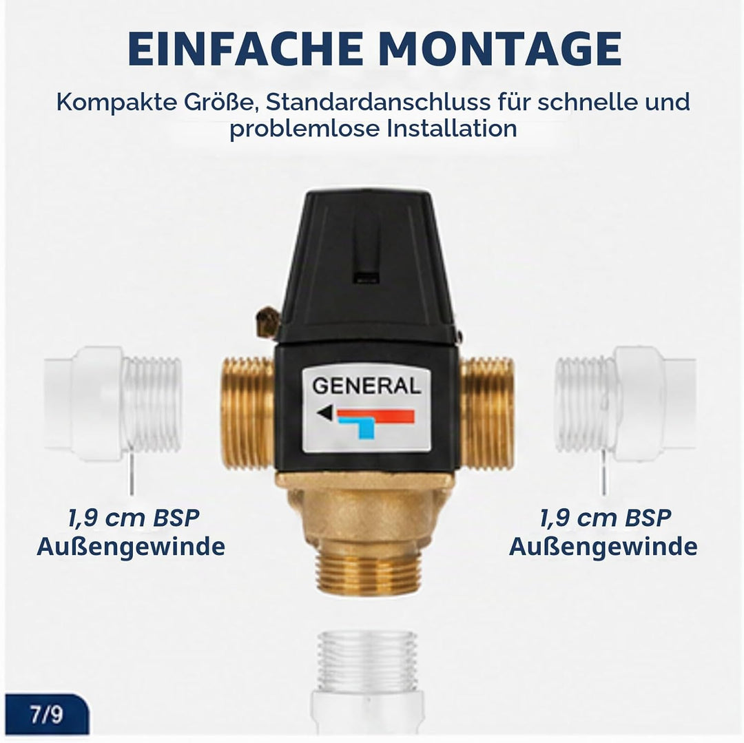 Thermostat Wassermischventil, 3-Wege Aussengewinde DN20 Messing Wassermischventil für Solarwarmwasse