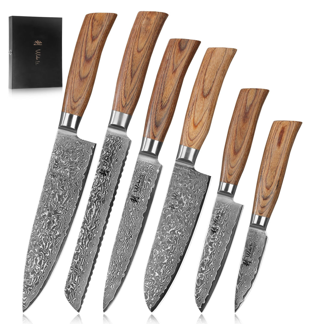 Wakoli Edib Pro 6er Damastmesser-Set mit Klingen von 8,5 - 19,70 cm Länge extrem scharf aus 67 Lagen