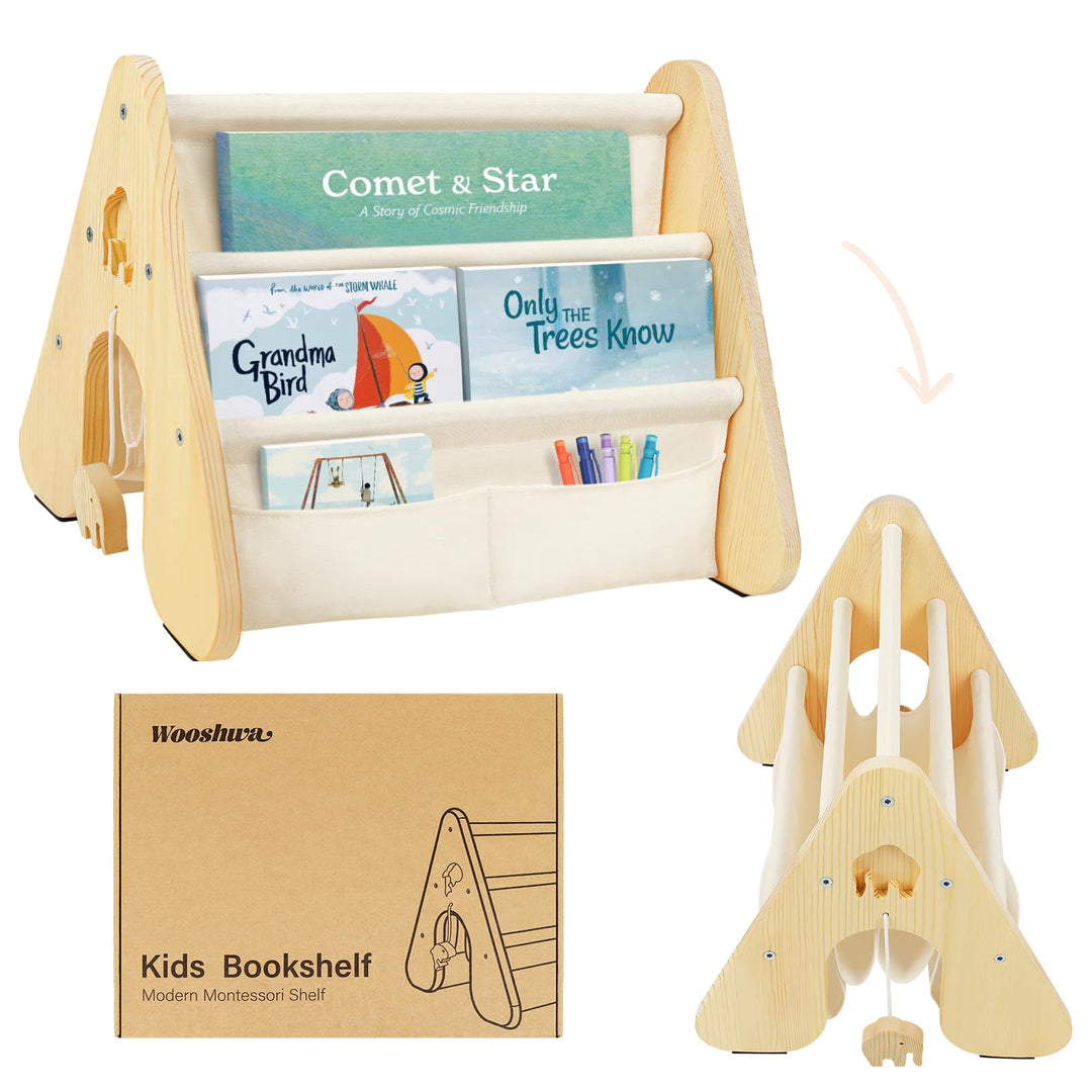 Bücherregal Kinder mit Doppelter Seite, Dreieckige Kinderregal 4-stöckig Montessori Regal für Kinder