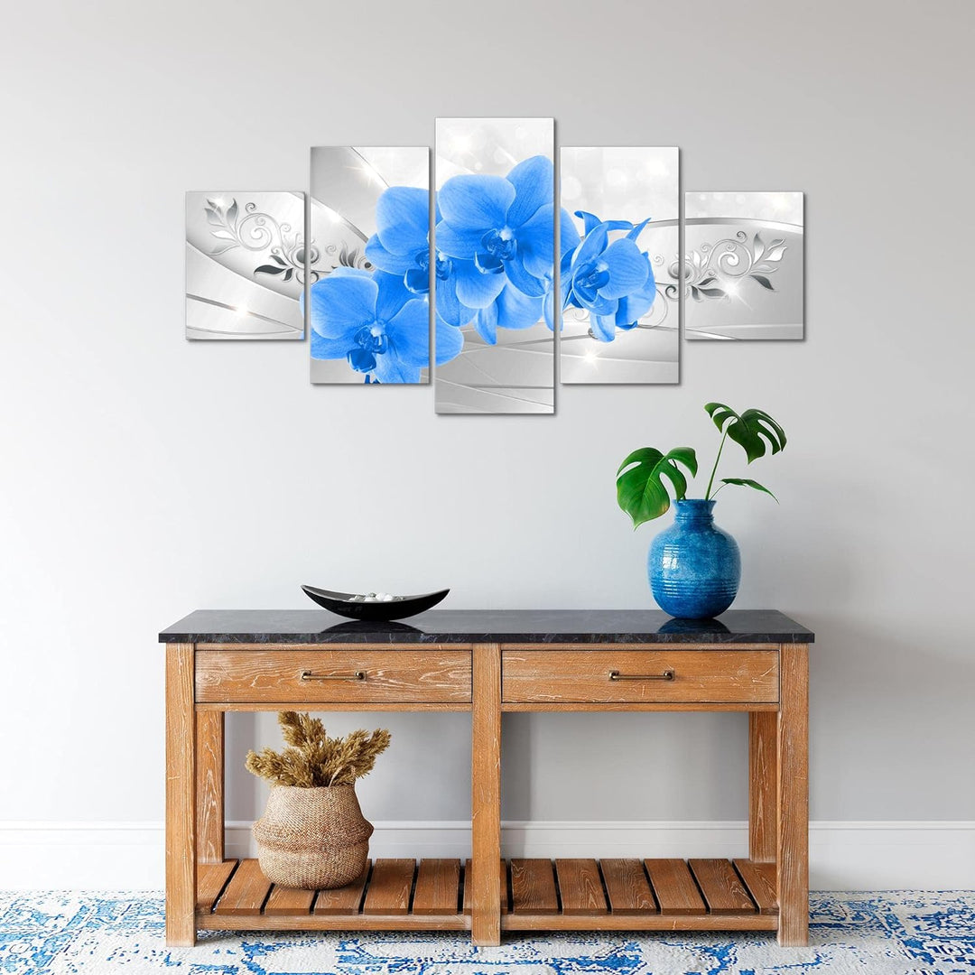 Runa Art Wandbilder Blumen Orchidee 5 Teilig Bild auf Vlies Leinwand Deko Wohnzimmer Silber Blau 210