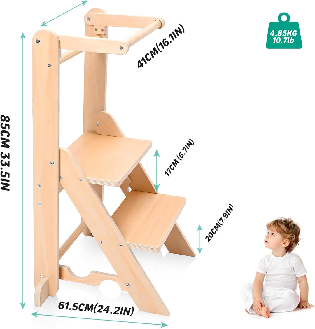 Lernturm ab 1 Jahr, Montessori Lernturm klappbar mit 2-facher Höhenverstellung, Holz Learning Tower