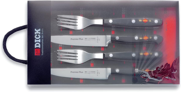 F. DICK Premier Plus Steakbesteck 4-teilig (2 Steakmesser + 2 Gabeln, ergonomischer Griff, Klinge au