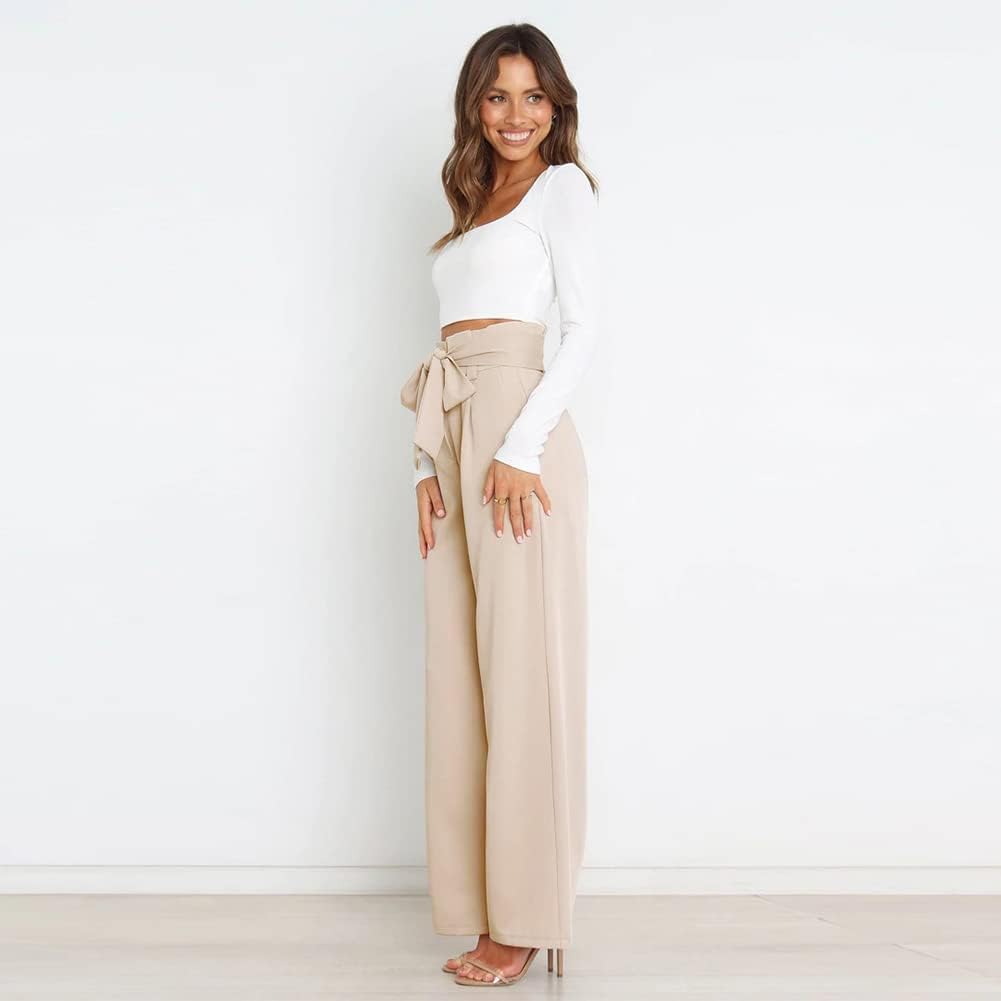 Odizli Damen Elegant High Waist Lang Weite Hose Sommer Business Festlich Anzughose mit Gürtel M Apri