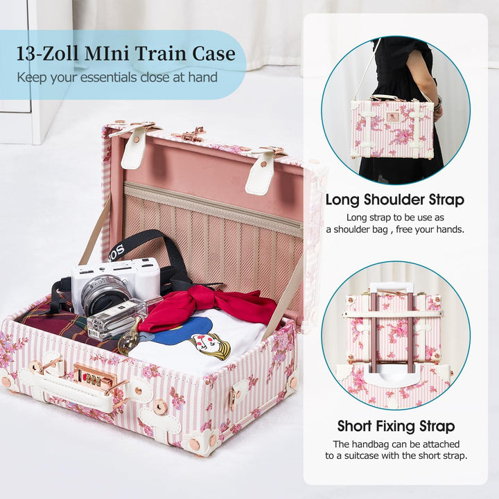 Unitravel Vintage Koffer Set 2 Teilig, Retro PU-Leder Handgepäck Koffer mit Kosmetikkoffer, Rosa Flo