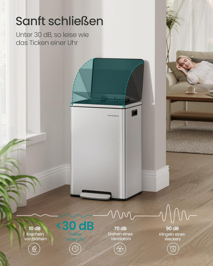 SONGMICS Mülleimer 50 L, 15 Müllsäcke, Edelstahl, herausnehmbarer Inneneimer aus Kunststoff, mit Dec