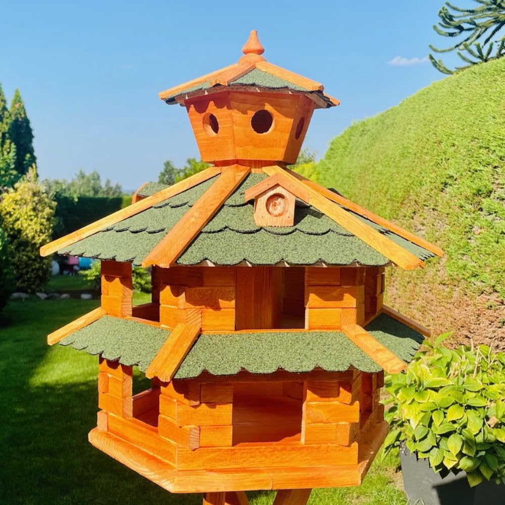 DARLUX Vogelvilla wetterfest von L bis XXL Futterhaus Vogelhaus mit oder ohne Ständer in Braun mit R