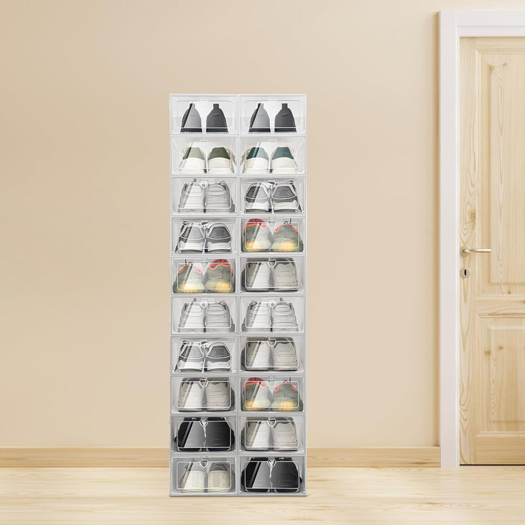 20 Stück transparente Schuhboxen mit Seitenklappe stapelbar, geruchsneutral mit Herz-Löchern für Sch
