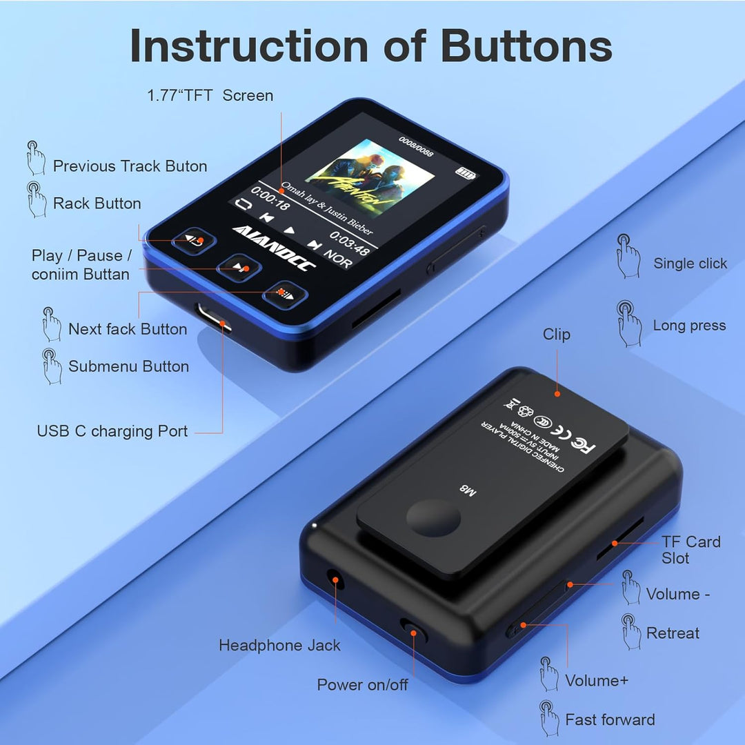 MP3 Player Bluetooth 5.3 mit Sport Clip und Sportarmband, mp3-player mit 1,77 Zoll TFT Farbbildschir