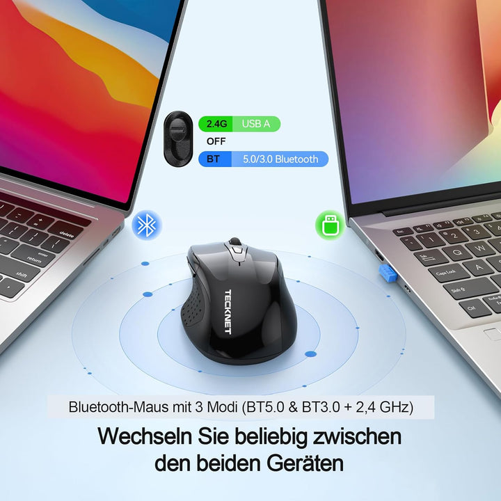 TECKNET Bluetooth Maus mit Jiggler, Wiederaufladbare Maus Kabellos für Laptops(DREI Modi: BT 5.0/3.0