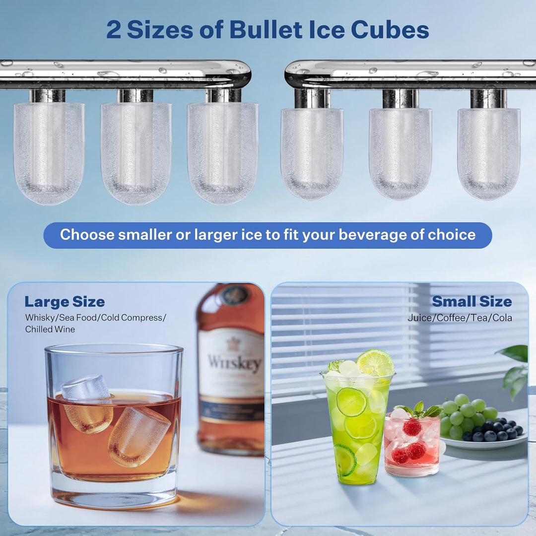 Eiswürfelmaschine, Ice Cube Maker 9 Eiswürfel in 6-8 Minuten,2 Grössen von Bullet Ice,12KG/24H,Selbs